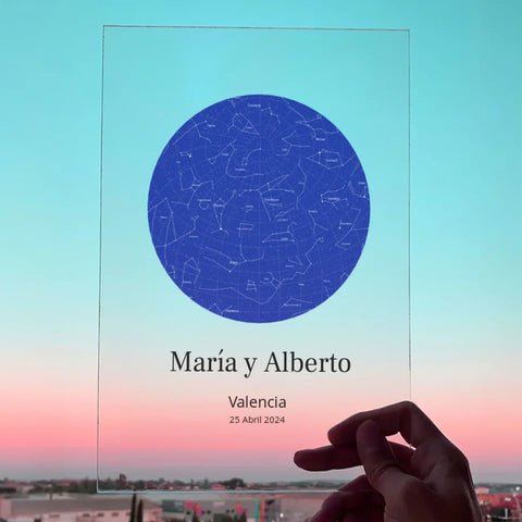 Placa mapa estelar con nombres, ciudad y fecha