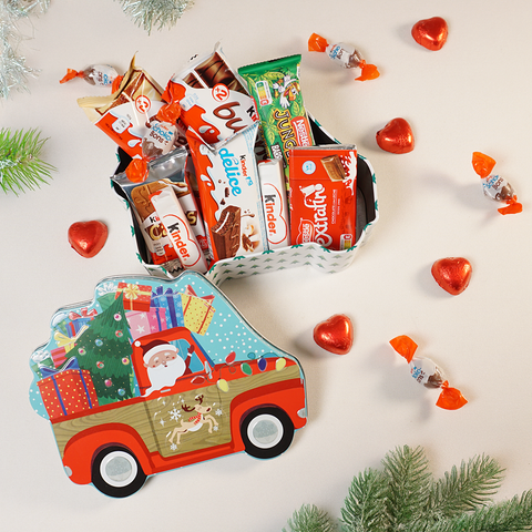 Lata navideña con chocolates. Coche de Papá Noel.