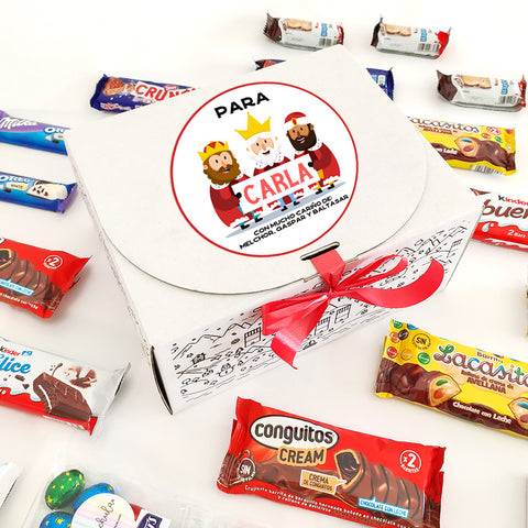 Caja Kinder navideña personalizada, con chocolates, modelo Reyes Magos