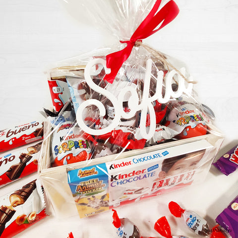 Regalo original caja de madera con chocolates Kinder, incluye nombre personalizado
